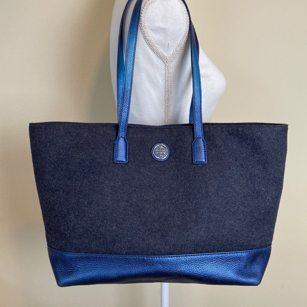 Tory Burch Bag Jaden Tote Gray Wool Blue Metallic Shoulder Purse